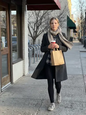 Shelby, AI character: sidewalk outside a small downtown Asheville bakery at 7am, cold clear morning with bike racks and bare…