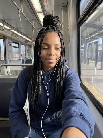 Onyinye, AI character: inside a Houston METRORail car on a clear winter morning, campus stop coming up outside the window