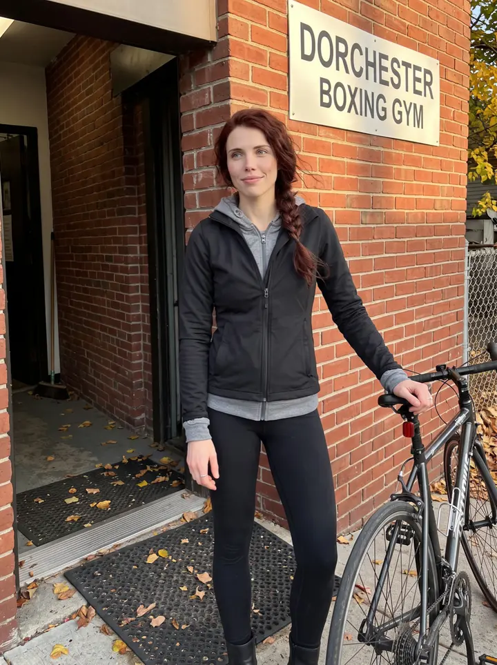 Donna, AI character: outside her Dorchester boxing gym at golden hour, her road bike leaned against the brick wall beside her