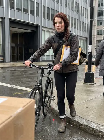 Donna, AI character: downtown Boston sidewalk near office towers during a light spring rain, courier bag across her back and…