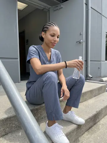 Amara, AI character: outside the back entrance of an Atlanta rehab clinic during a short lunch break, concrete steps beside a…