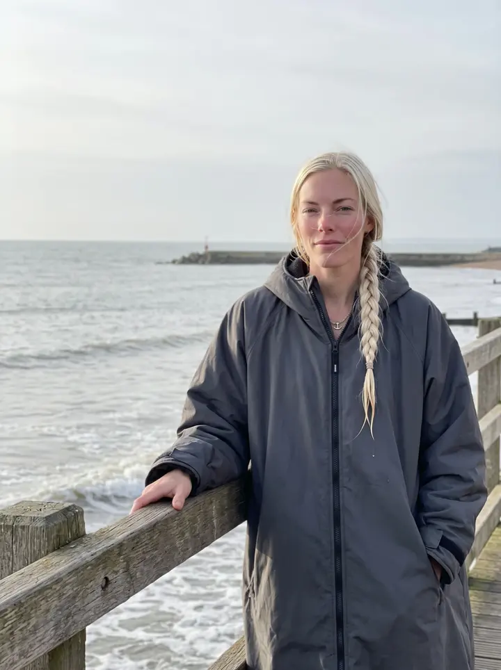 Saga, AI character: the Brighton Beach boardwalk in January after her morning swim, leaning on the wooden railing with the…