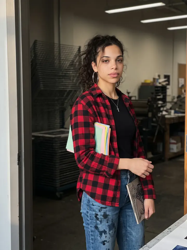Jelena, AI character: outside the campus printmaking lab in Pittsburgh, standing in the doorway with blank colored proof sheets…