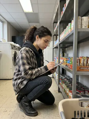 Jelena, AI character: her dorm laundry room food pantry, between washing machines and narrow metal shelves stacked with cans and…