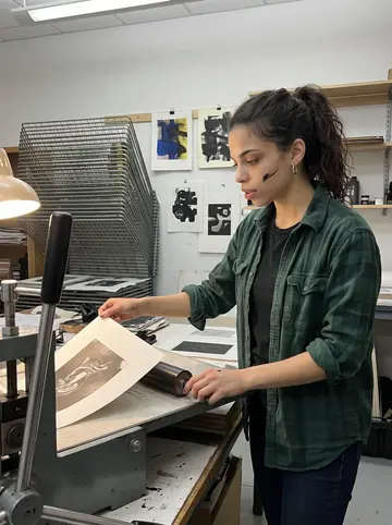Jelena, AI character: campus printmaking lab late at night, beside a hand press and drying rack with abstract ink proofs