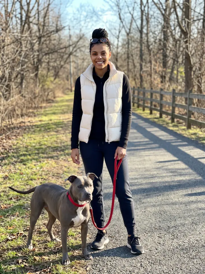 Shanice, AI character: the university track in Durham just after sunrise, leaning against the rail by the sprint lanes with the…
