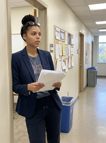 Shanice, AI character: outside a psychology department seminar room at Duke after a dissertation rehearsal, bulletin boards and…