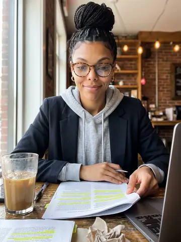 Shanice, AI character: a small Durham coffee shop table by the front window, laptop and highlighted articles spread beside an…