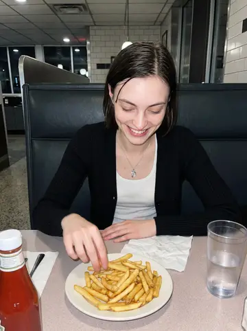 Perrine, AI character: a late-night diner booth in Chicago after fencing practice, vinyl seat and ketchup bottle on the table