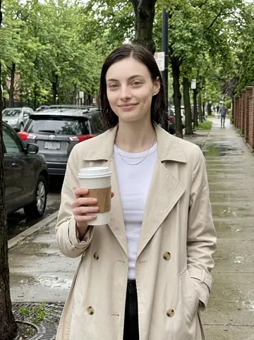 Perrine, AI character: a wet Lincoln Park sidewalk after morning drop-off, trees dripping and parked cars reflecting in shallow…