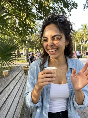 Ingrid, AI character: walking along Calle Ocho in Little Havana toward the camera with a small paper cafecito cup, colourful…