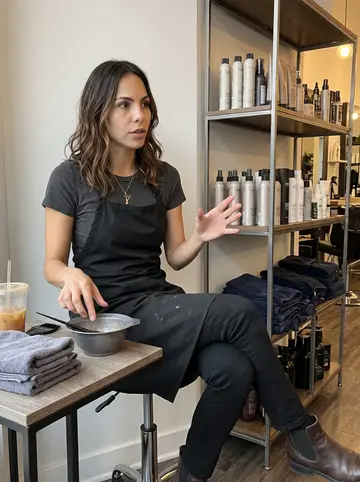 Eliza, AI character: the small break table in the salon color room during a quiet afternoon between clients