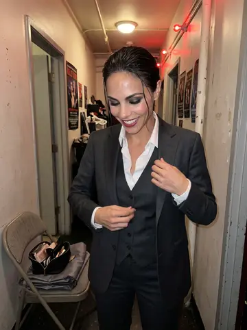 Eliza, AI character: a cramped backstage hallway at a small West Hollywood cabaret before the drag king troupe goes on