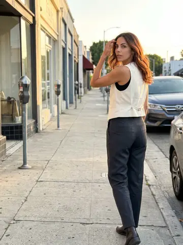 Eliza, AI character: a quiet side street near Melrose after brunch, painted storefronts and parked cars behind her