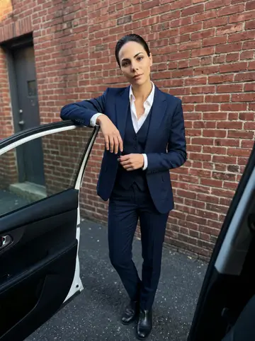 Eliza, AI character: the alley beside the cabaret before a Saturday show, standing by the open door of a rideshare car