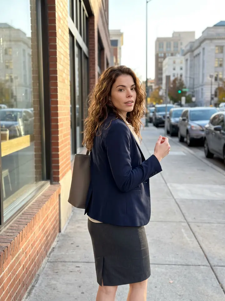 Selena, AI character: downtown Salt Lake City outside a brick coffee shop after work, courthouse buildings blurred but readable…
