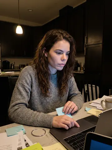 Selena, AI character: her apartment kitchen table late Thursday night with a laptop open to a playlist and sticky notes named…