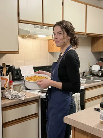 Selena, AI character: small apartment kitchen in Salt Lake while making her grandmother's funeral potatoes for friends