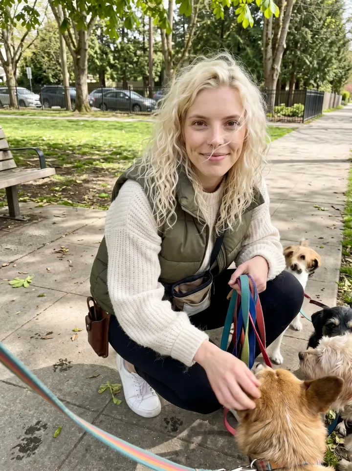 Amy, AI character: a leafy Seattle neighborhood sidewalk near a small park, four client dogs gathered around her knees on…