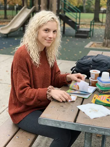 Amy, AI character: a neighborhood playground picnic table during a nanny break, kid backpacks and snack cups on the table but…