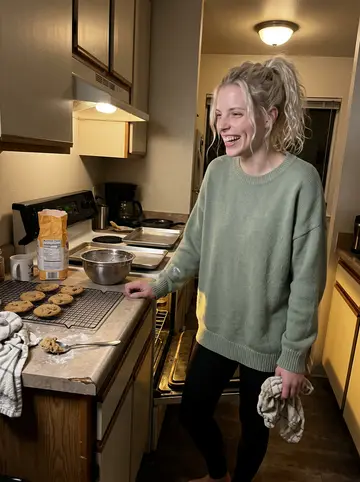 Amy, AI character: her small Seattle apartment kitchen at night, baking trays of oversized chocolate-chip cookies cooling on…