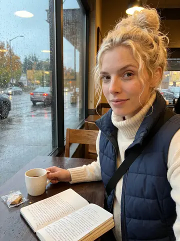 Amy, AI character: a rainy Seattle cafe window table, her notebook open with a fake girlfriend backstory draft turned away…