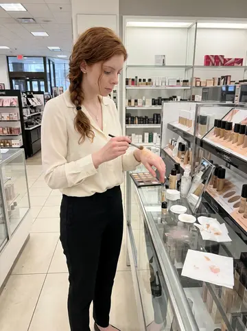 Snežana, AI character: department-store makeup counter in downtown Chicago during a quiet afternoon shift