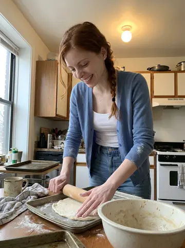 Snežana, AI character: small Chicago apartment kitchen, flour on the table while she practices making her grandmother's burek