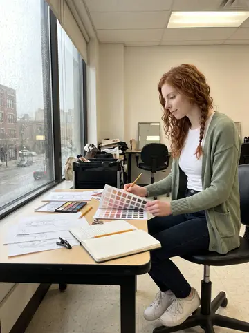 Snežana, AI character: beauty school practice room in Chicago, rain on the window, paper sketches of eye-shadow looks spread…
