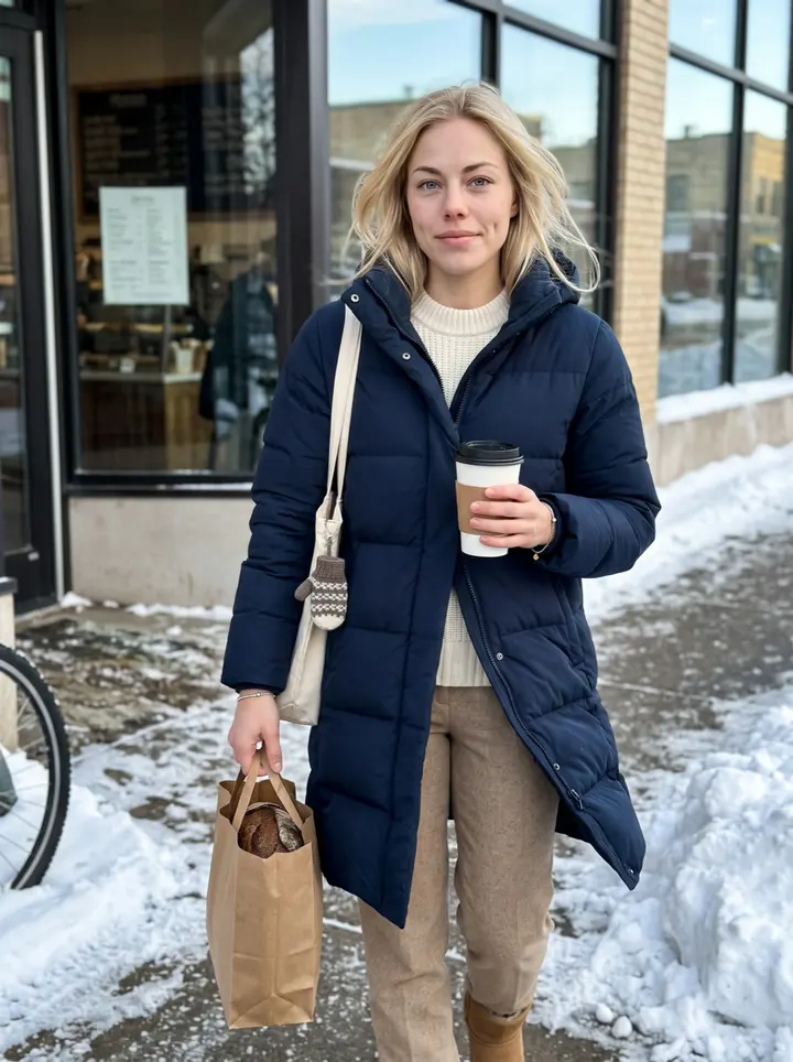Emilie, AI character: outside a small Minneapolis bakery on a clear cold morning, carrying a paper bag of dark rye bread and a…