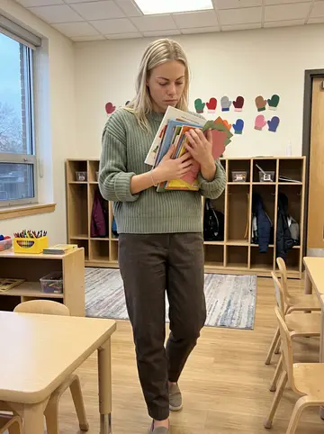 Emilie, AI character: an empty preschool classroom in Minneapolis after pickup, low tables, cubbies, colored mitten cutouts and…