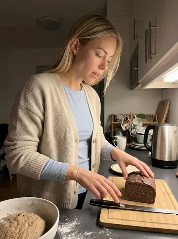 Emilie, AI character: her new apartment kitchen at night, rye dough bowl, kettle, and a small plate set aside for the older…