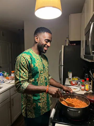 Obi, AI character: his apartment kitchen on a Sunday evening in December, a big pot of jollof rice on the stove, teammates…