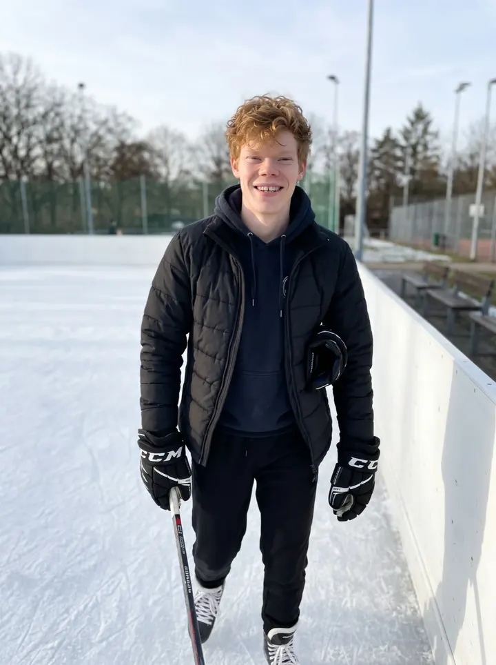 Patrick, AI character: outdoor community ice rink in Cologne on a clear cold afternoon, just after casual stick practice