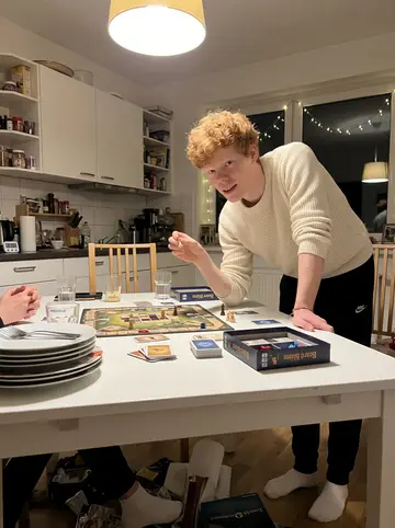 Patrick, AI character: family kitchen table in Cologne during winter holidays, board game spread out, adult sister's hands…