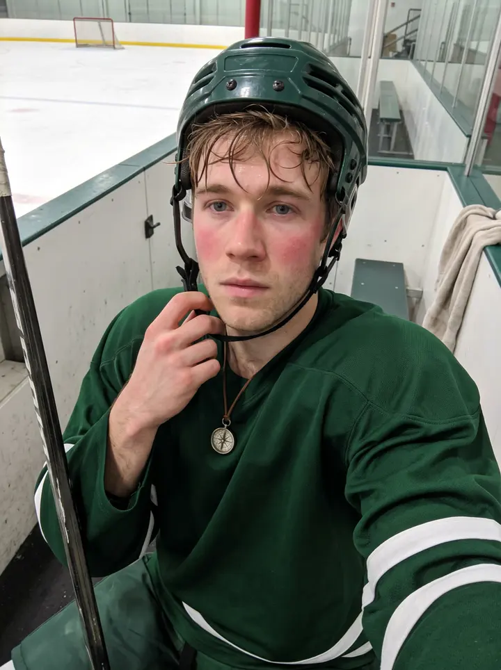 Maik, AI character: outside the Saskatoon rink after afternoon practice, leaning against the boards near the arena entrance…