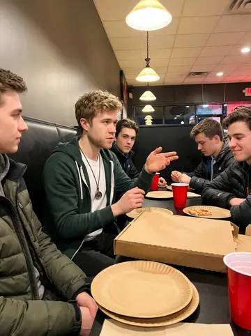 Maik, AI character: small pizza place near the rink after a winter game, teammates cropped around the booth, paper plates and…