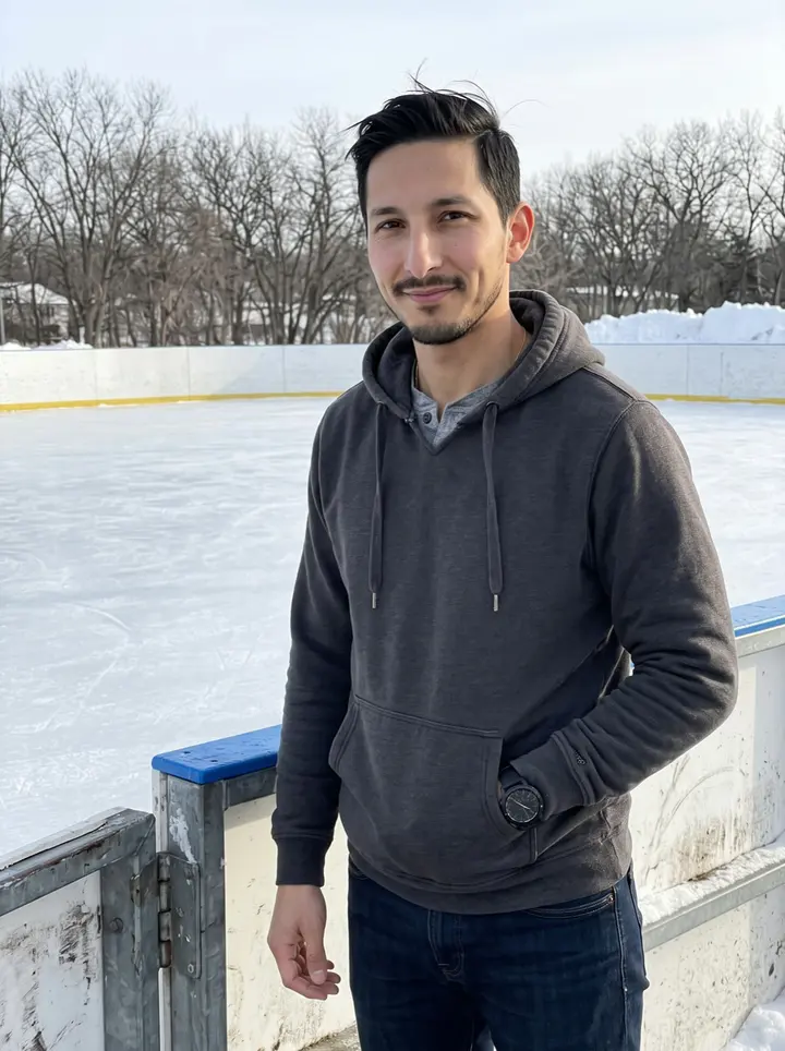 Elliot, AI character: outdoor community rink boards in Minnesota after a light morning skate, clean ice and bare winter trees…