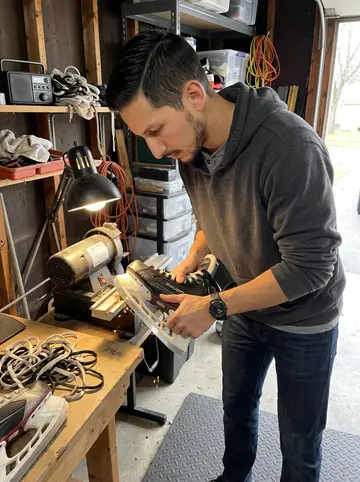 Elliot, AI character: his garage in south Minneapolis with a skate sharpening machine, rubber floor mats, spare laces, and a…