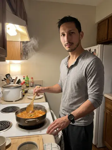 Elliot, AI character: his apartment kitchen in Minnesota late at night, pot of kimchi jjigae on the stove, rice cooker and…