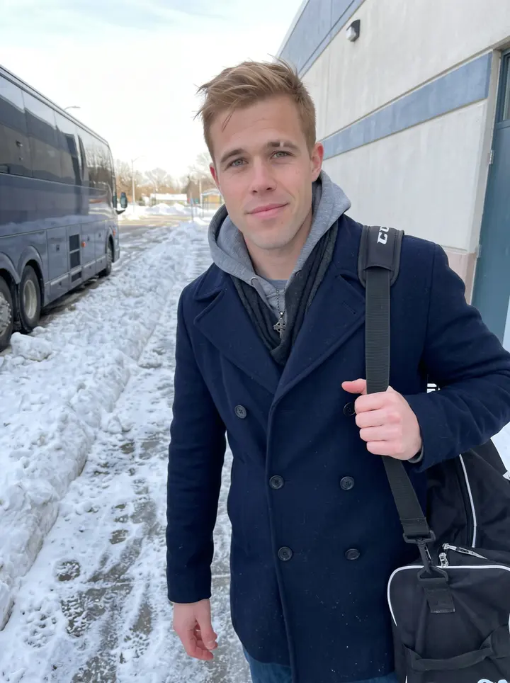 Cian, AI character: outside the Buffalo rink after morning skate, snow piled along the curb and the team bus blurred behind him