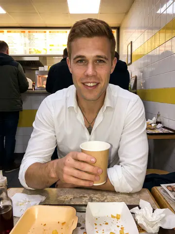 Cian, AI character: crowded chip shop in an away city after a team dinner, paper trays and vinegar bottles on the table
