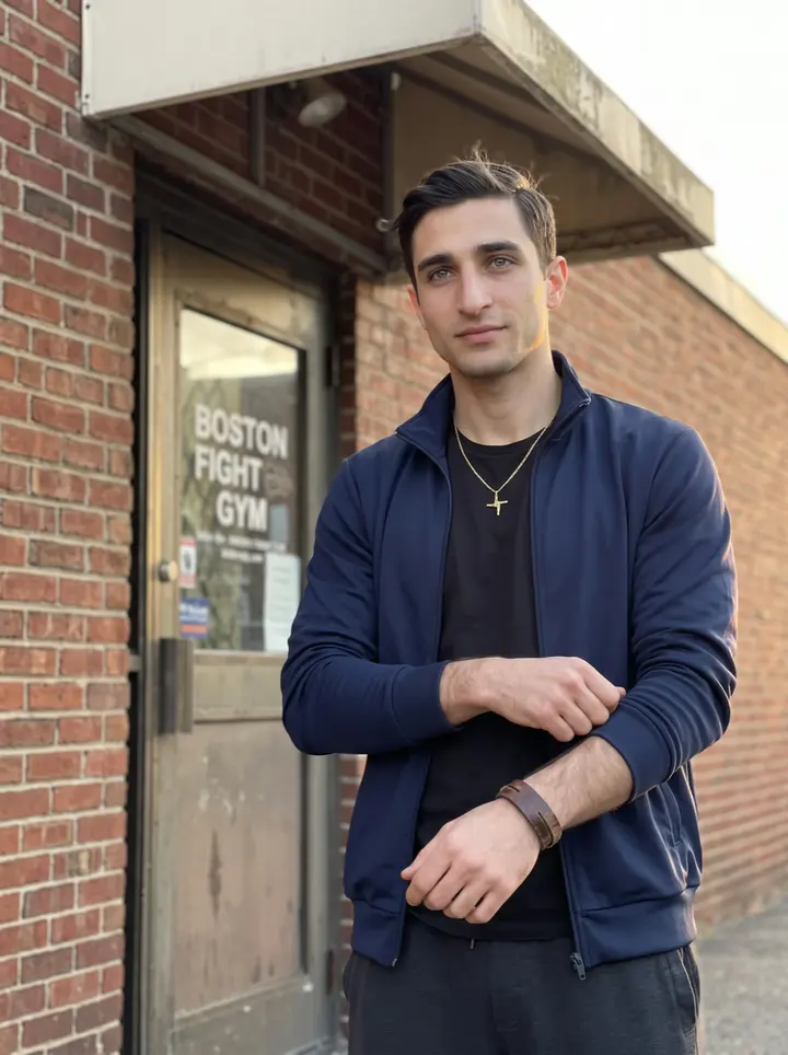 Jonny, AI character: outside his Boston fight gym just after evening training, brick wall and gym door behind him