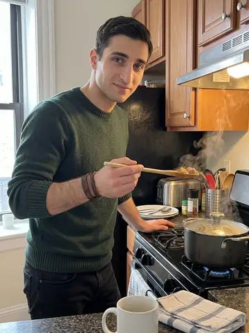 Jonny, AI character: his Boston apartment kitchen on a Sunday morning, a heavy pot of Irish stew on the stove