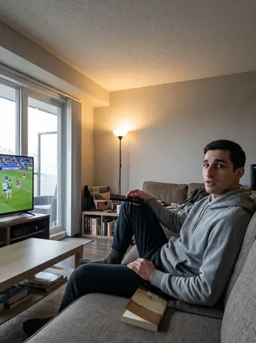 Jonny, AI character: his living room on a grey afternoon, old Gaelic football highlights playing silently on the TV and a…