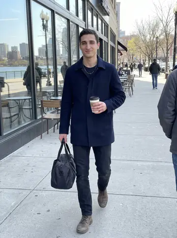 Jonny, AI character: a bright spring sidewalk near the Charles River after early training, coffee shop windows behind him