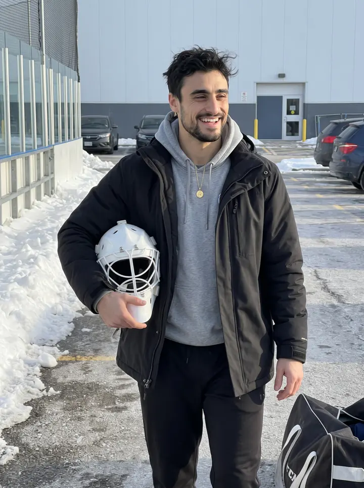 Modesto, AI character: outside the team practice rink in Toronto after morning skate, snowbanks at the edge of the parking lot…