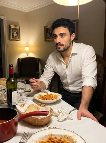 Modesto, AI character: his nonna's dining room in Toronto after Sunday dinner, pasta bowls and a red sauce pot on the table