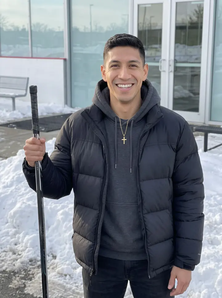 Yoandy, AI character: outside the Rochester rink after morning skate, snow piled along the parking lot and pale winter sun…