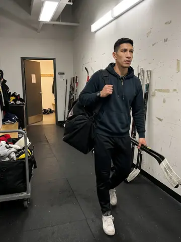 Yoandy, AI character: minor-league rink service hallway in Rochester, rubber floor, gear carts, taped sticks leaning by the wall